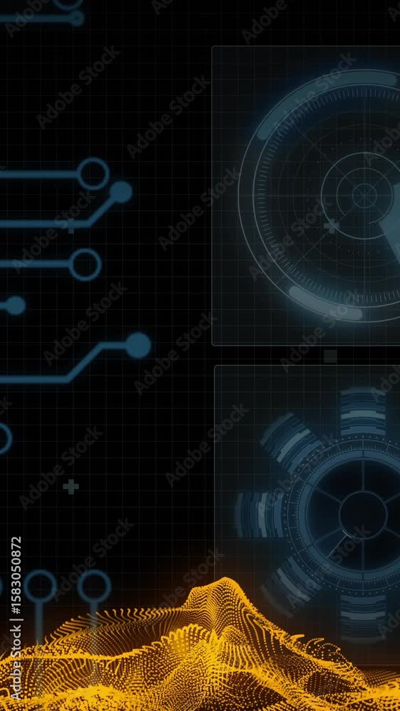 Poster digital circuit and data visualization over abstract yellow wave animation