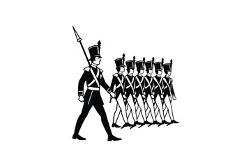 Marching Soldiers in Uniform with Spear and Hats Military Parade Black and White Illustration Silhouette line marching soldiers silhouette style wearing uniforms