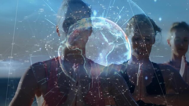 Globe rotating above women meditating on beach while nodes pulsing for wellness then opening eyes