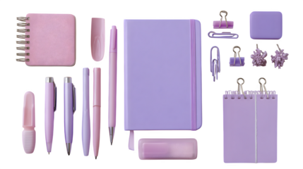 Flatlay of pastel pink and purple stationery set with pens, paper clips, and notebook, isolated on white background