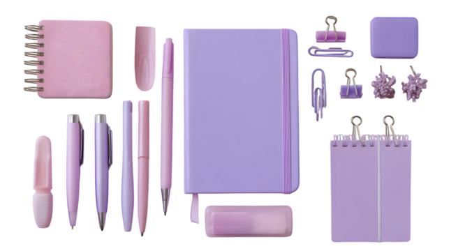 Flatlay of pastel pink and purple stationery set with pens, paper clips, and notebook, isolated on white background - Powered by Adobe