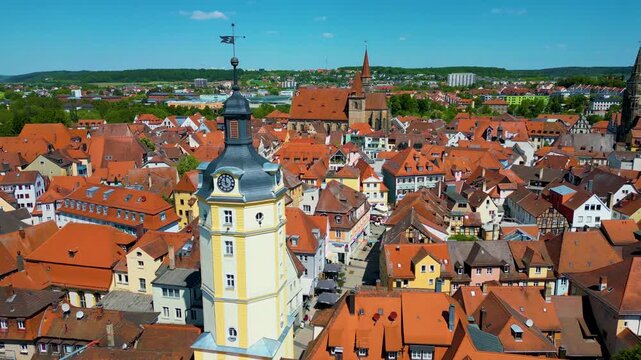 4K Aerial Drone Video of the Historic St. Johannis Church in the Old Town area of Downtown Ansbach, Germany