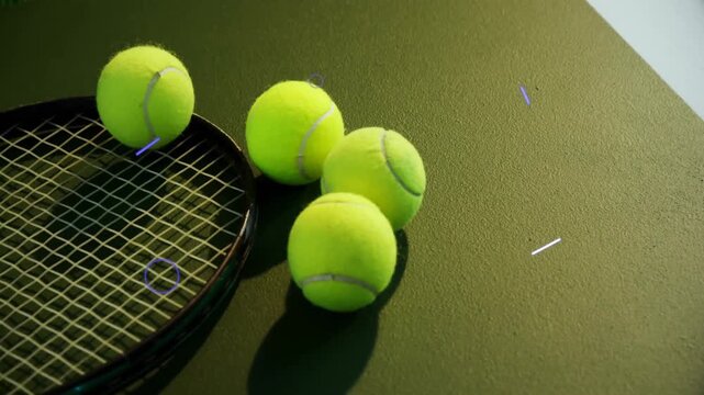 3D graphics popping and orbiting balls and racket, forming eye then rings expanding then fading