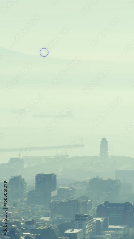 Poster animation of scope scanning with purple trails processing over cityscape