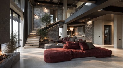 A stunning, modern interior space, featuring a cozy living area with a stone fireplace and a staircase leading to an upper level