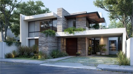 Fototapeta premium Modern architectural design of a home, showcasing a contemporary style, exterior design of the house with lush green landscaping
