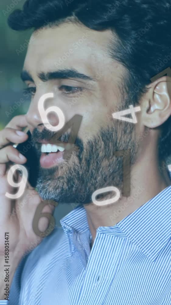 Poster animation of changing numbers over caucasian man making call using smartphone
