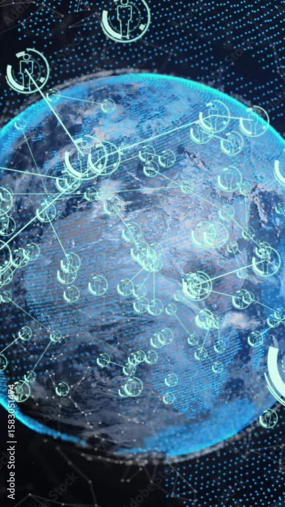 Poster animation of connected icons over connected dots around globe against black background