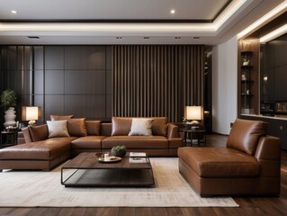 Fototapeta premium Elegant interior design of modern living room with brown leather sofa