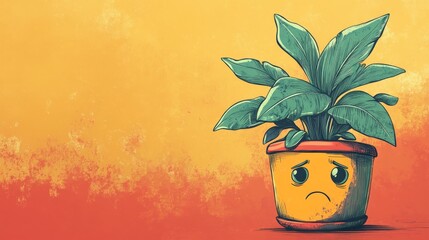 Sad green plant drooping in pot with anthropomorphic face expressing sadness