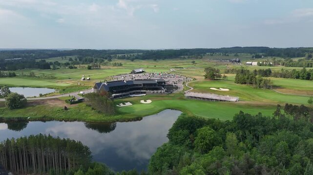Orbiting Aerial Shot Of TPC Toronto At Osprey Valley Golf Course Clubhouse In Alton, Caledon, Canada.