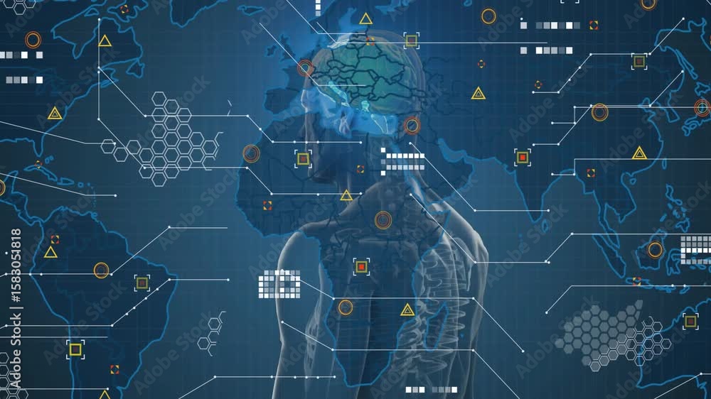 Poster brain pulsing activating skeleton rotating head, torso while data nodes animating global data scan