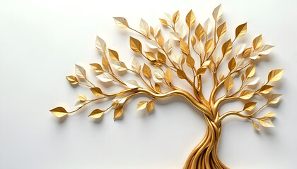 Golden tree with golden leaves painted on a white background wall, elegant and minimalistic.
