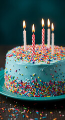 Blue frosted cake with colorful sprinkles and lit candles, signifying celebration, joy, and festivity, perfect for birthday themes