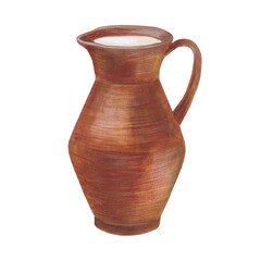 Watercolor illustration of a clay jug with milk and a handle, hand-painted on a white background. Suitable for postcards, stickers, scrapbooking, and rustic design projects