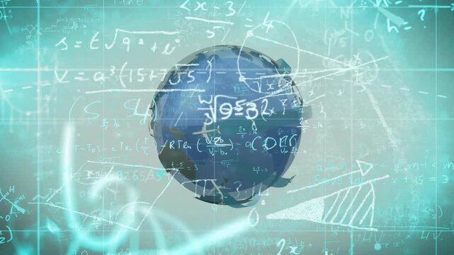 Grayscale sphere emerging, rotating globe, formulas appearing, symbols orbiting visualizing data