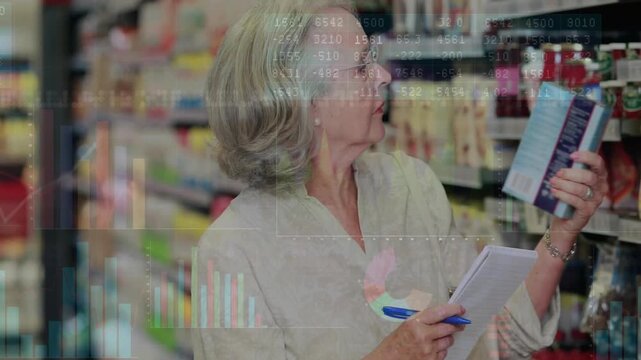 Female shopper checking list scanning store shelves activating animated checkmarks highlighting box