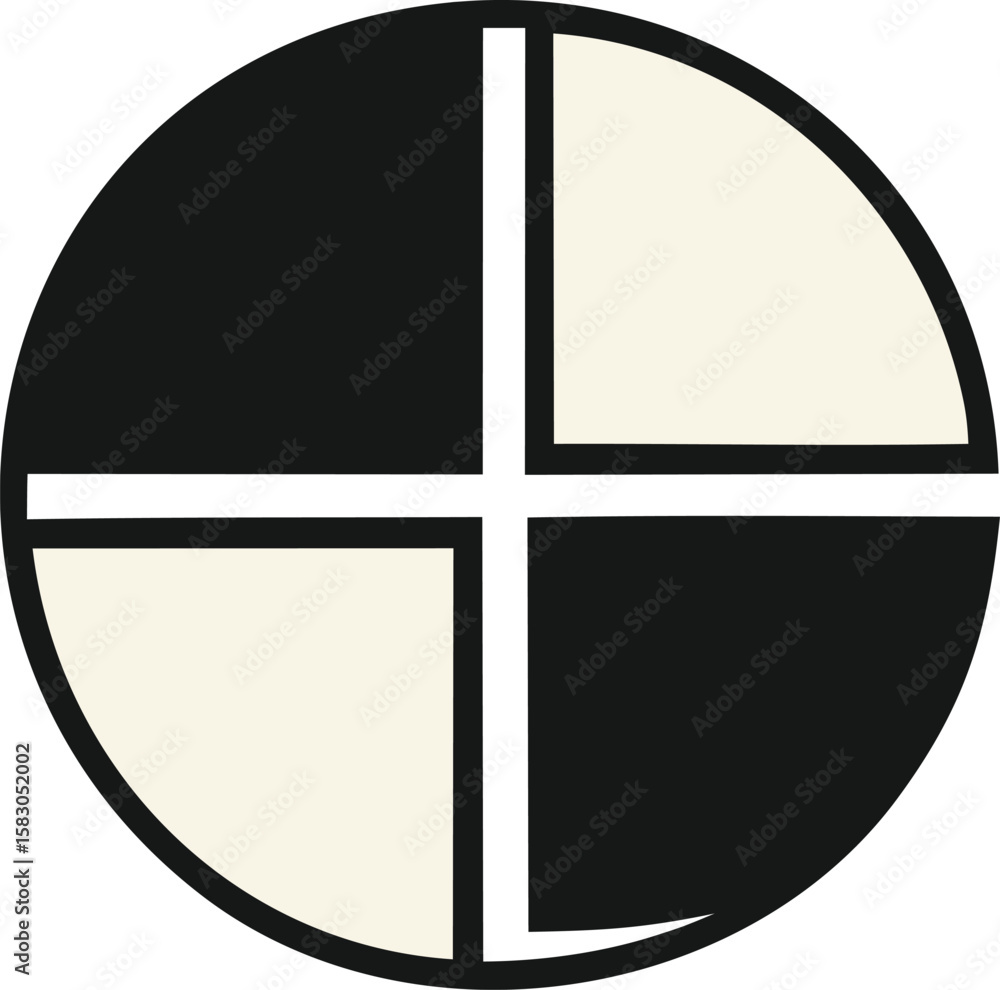 Poster abstract circular design featuring a black and off white cross dividing the circle into four quadran