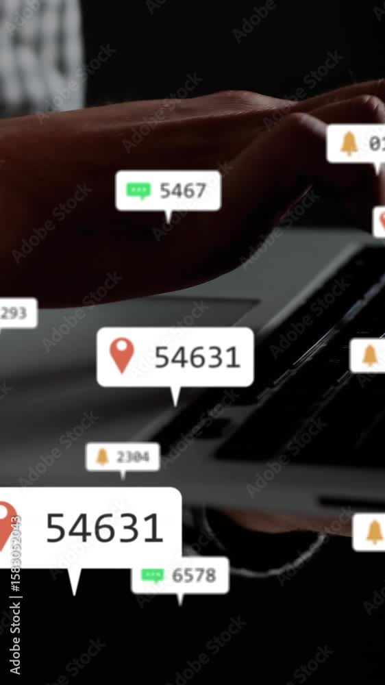 Poster animation of icons and changing numbers, midsection of caucasian man using laptop