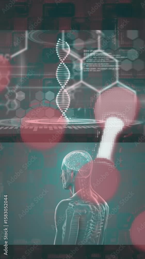 Poster animation of dna helix rotating over digital screens with medical structures