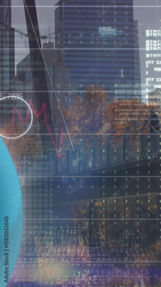 Poster animation of icons, rotating globe, graphs and computer language over modern buildings