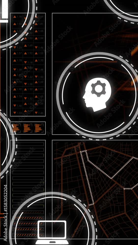 Poster representing various business concepts, icons over data processing animation on dark background