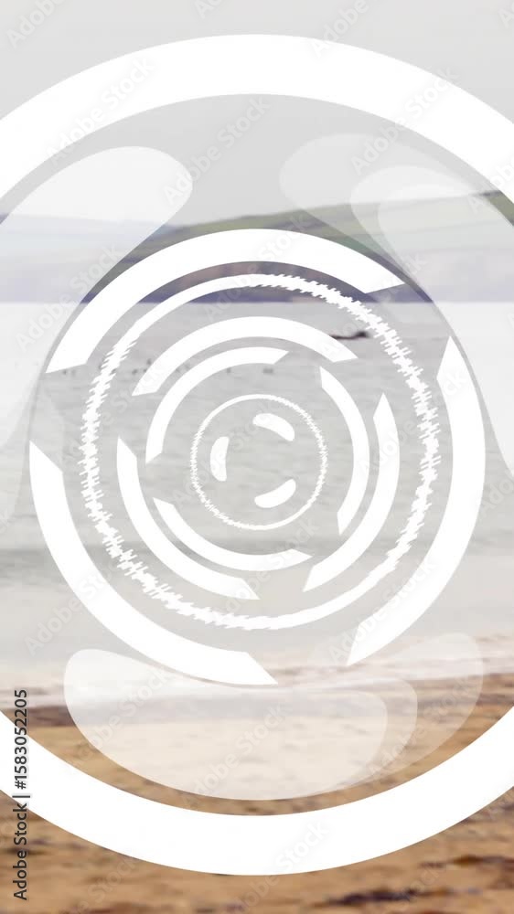 Poster spinning circular patterns animation over waves crashing on sandy beach