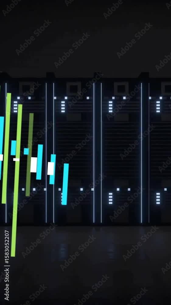 Poster colorful bar graph animation over server racks in data center