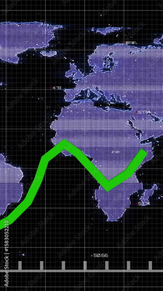 Poster green upward trend line animation over world map with numerical data