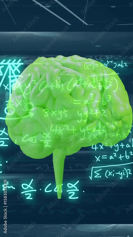 Poster mathematical equations and brain model animation over dark background with formulas
