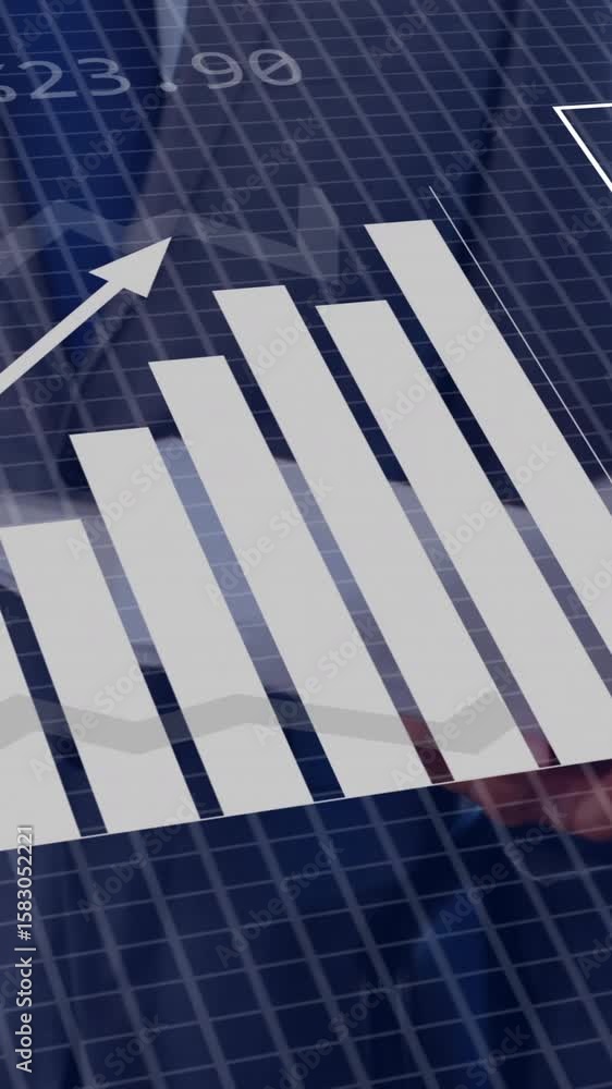 Poster rising bar chart and binary code animation over business person in background