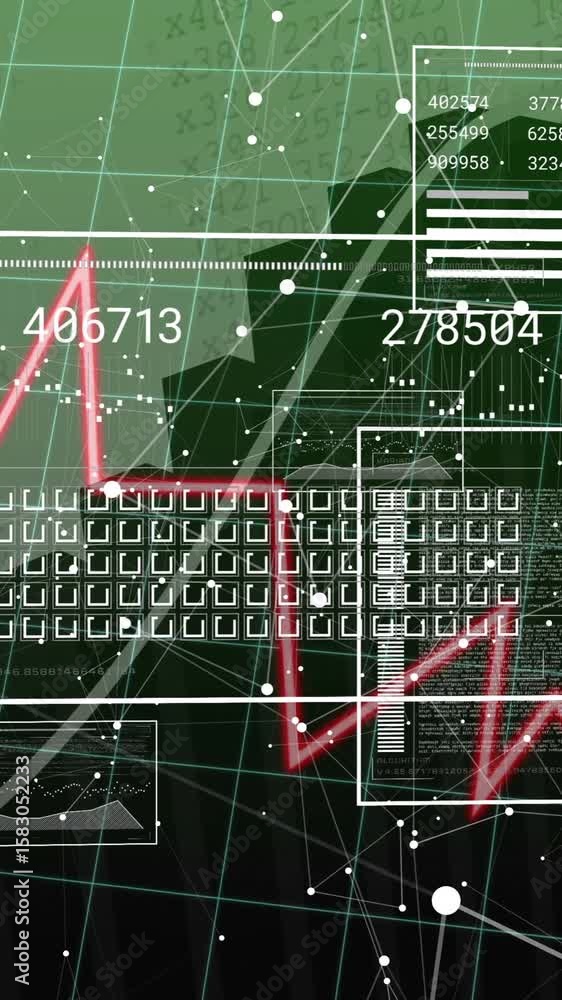 Poster financial data processing animation over cityscape with graphs and numbers