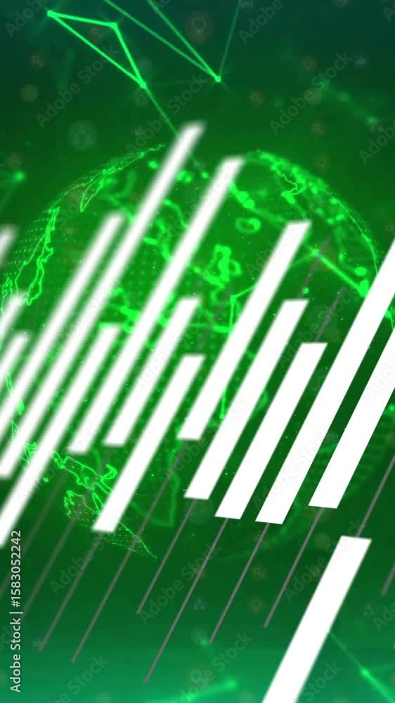 Poster green globe and bar graph data processing animation over digital network connections