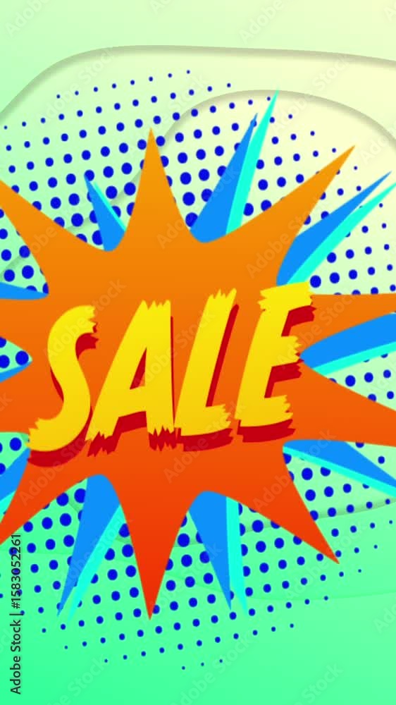 Poster animation of sale text on retro speech bubble and patterned background