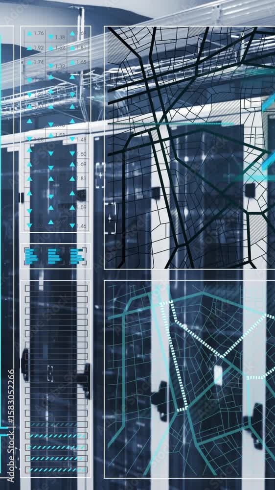 Poster animation of interface with data processing against computer server room