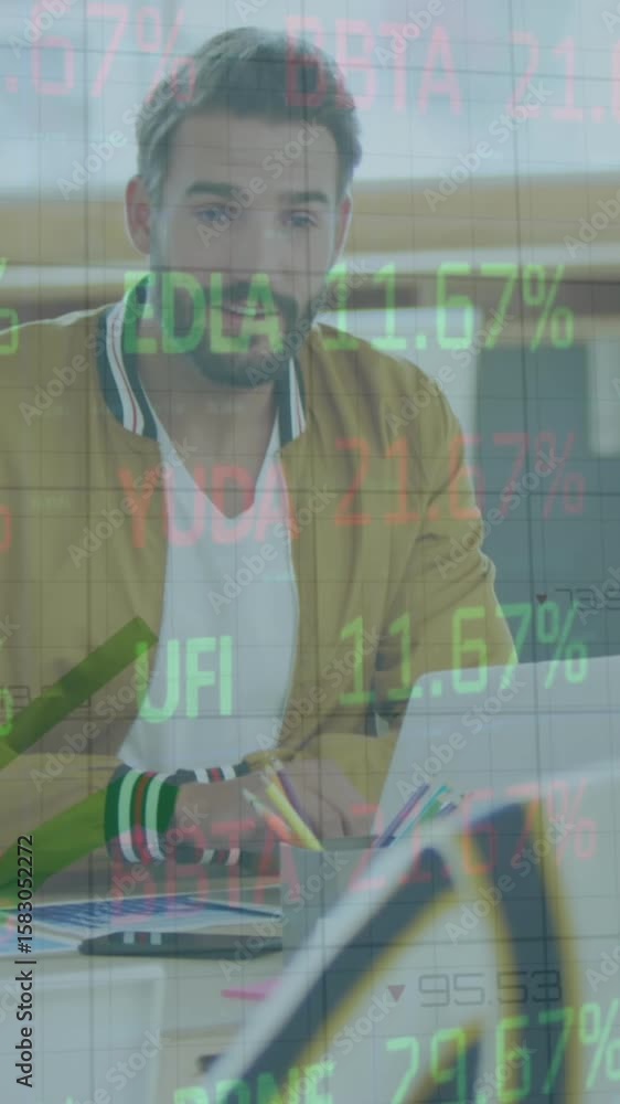 Poster animation of stock market data processing on two diverse men smiling looking at each other at office