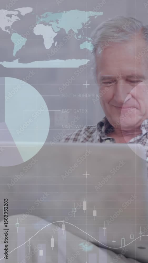 Poster animation of financial data processing over caucasian man using laptop