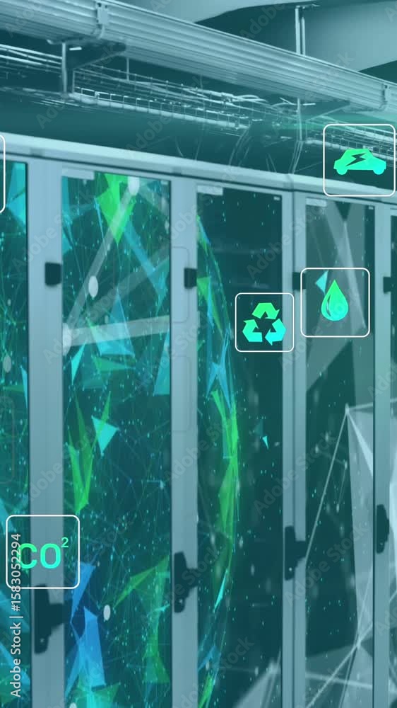 Poster animation of eco icons and data processing over computer servers