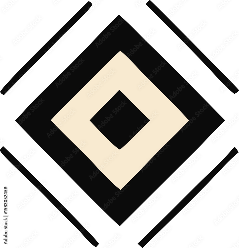 Poster geometric diamond pattern with concentric squares and diagonal lines in black and beige