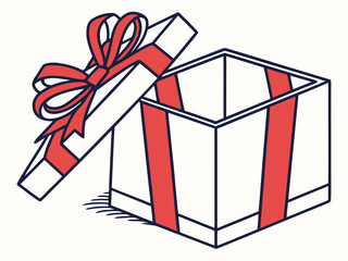 Open gift box with red ribbon and bow isolated on white background