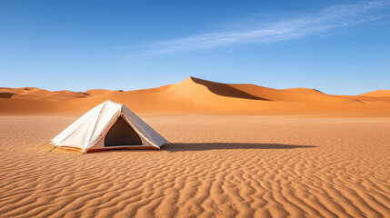 Serene desert landscape features tent set against rolling orange dunes under clear blue sky