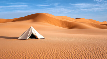 Serene desert scene featuring tent nestled among rolling orange dunes under clear blue sky