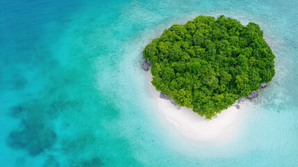 Lush greenery covers tiny uninhabited island surrounded by clear turquoise waters, creating