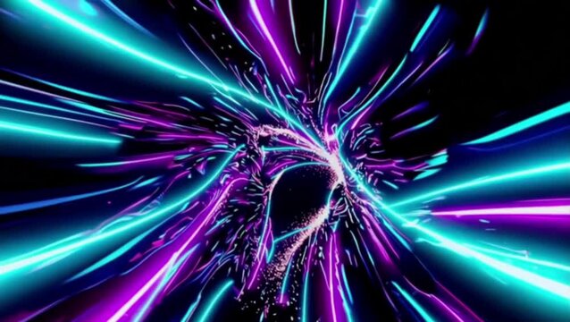 Seamless looping video of neon tunnel with bright light streaks.
