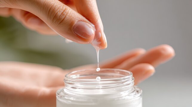 A close-up shot of a hand holding a dripping substance over a jar, likely a beauty cream or moisturizer. The scene exudes a sense of beauty and skincare