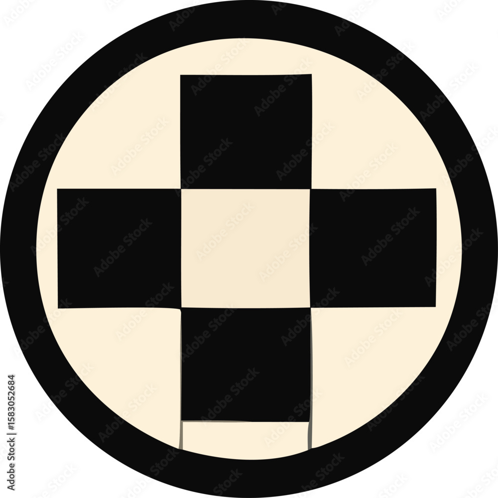 Aufkleber a circular emblem featuring a black and white checkerboard pattern forming a cross shape against a c