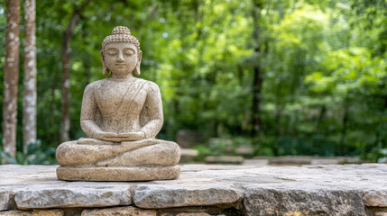 Serene Buddha statue in lush forest setting, symbolizing peace and tranquility