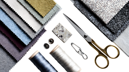 Flatlay of sewing tools and fabric samples for craft or design visuals, isolated on white background