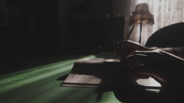 Lifestyle Problem solver in soft lit study, concentrates on puzzle book