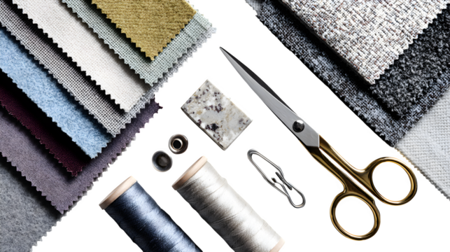 Flatlay of sewing tools and fabric samples for craft or design visuals, isolated on white background